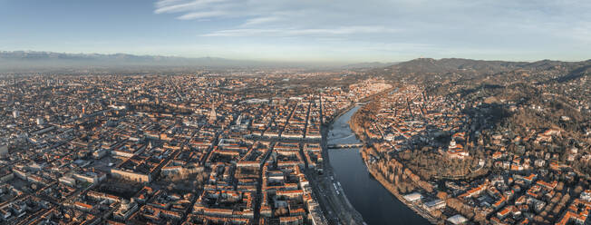 Aerial panoramic view of Turin downtown along the Po river, Piedmont, Italy. - AAEF27664