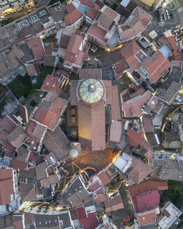 Aerial view of the cathedral in Vietri sul Mare old town at sunset, an old town along the Amalfi Coast, Salerno, Campania, Italy. - AAEF27675