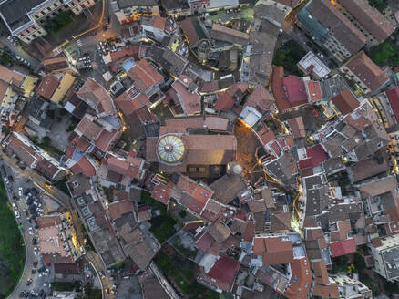 Aerial view of the cathedral in Vietri sul Mare old town at sunset, an old town along the Amalfi Coast, Salerno, Campania, Italy. - AAEF27676