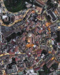 Aerial view of the cathedral in Vietri sul Mare old town at sunset, an old town along the Amalfi Coast, Salerno, Campania, Italy. - AAEF27682