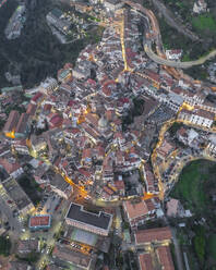 Aerial view of the cathedral in Vietri sul Mare old town at sunset, an old town along the Amalfi Coast, Salerno, Campania, Italy. - AAEF27685