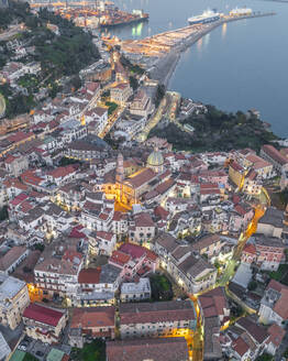 Aerial view of the cathedral in Vietri sul Mare old town at sunset, an old town along the Amalfi Coast, Salerno, Campania, Italy. - AAEF27689