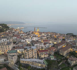 Aerial view of the cathedral in Vietri sul Mare old town at sunset, an old town along the Amalfi Coast, Salerno, Campania, Italy. - AAEF27691