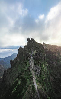 Aerial drone view of PR1 hike, stairway to heaven pathway, near Pico de Areeiro, Madeira Island, Portugal. - AAEF27722