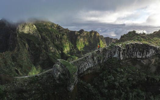 Aerial drone view of PR1 hike, stairway to heaven pathway, near Pico de Areeiro, Madeira Island, Portugal. - AAEF27723