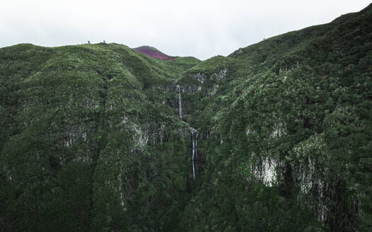 Aerial drone view of Risco Waterfall at the Lagoa das 25 Fontes trail PR6, Madeira island, Portugal. - AAEF27736