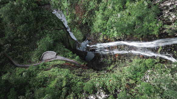 Aerial drone top-down view of Risco Waterfall at the Lagoa das 25 Fontes trail PR6, Madeira island, Portugal. - AAEF27737
