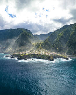 Aerial drone view of Seixal, coastal town on the North of Madeira Island, Portugal. - AAEF27738