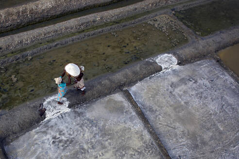 Aerial view of people working in a salt farm in Tamil Nadu, India. - AAEF27760