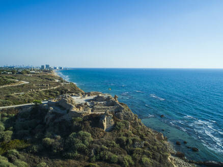 Aerial view of Apollonia fort ruins on the Mediterranean coast, Herzliya, Central District, Israel. - AAEF27786
