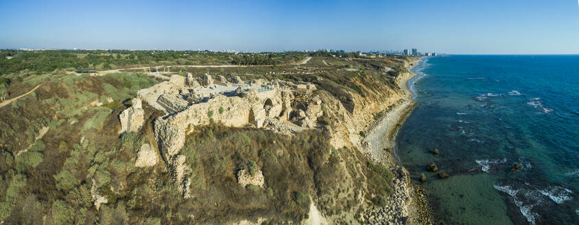 Aerial view of Apollonia fort ruins overlooking the Mediterranean Sea, Herzliya, Israel. - AAEF27787