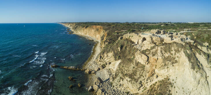 Aerial view of Apollonia fort and Mediterranean coast, Herzliya, Central District, Israel. - AAEF27788