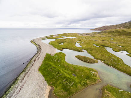 Aerial view of coastline with beach and lakes in Skagafjordur, Nordurland vestra, Iceland. - AAEF27814