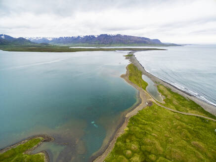 Aerial view of coastline between lagoon Miklavatn and Skagafjordur with shallow water, Nordurland vestra, Iceland. - AAEF27820