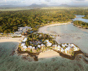 Panoramic aerial drone view of Shangri_La Le Touessrok with Ilot Lievres at sunrise, Ilot Lievres, Flac, Mauritius. - AAEF27918