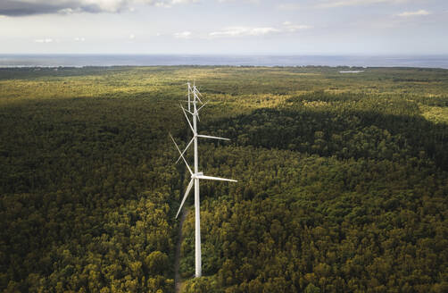 Aerial drone view of wind turbines in a tropical forest, Bras d'Eau National Park, Flacq, Mauritius. - AAEF27924