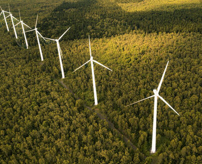 Aerial drone view of wind turbines in a tropical forest, Bras d'Eau National Park, Flacq, Mauritius. - AAEF27926