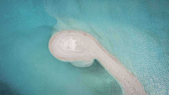 Aerial drone view of a sandbank in a blue lagoon, Vashafaru, Haa Alif Atoll, Maldives. - AAEF27938