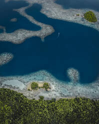 Luftaufnahme eines Katamarans, der die Küste der Sugba Blue Lagoon, einer tropischen Lagune auf der Insel Siargao, Surigao del Norte, Philippinen, befährt. - AAEF27991