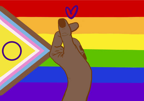 Hand of woman making heart shape against rainbow flag - EGHF00881