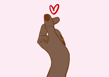 Hand of woman making heart shape against pink background - EGHF00882