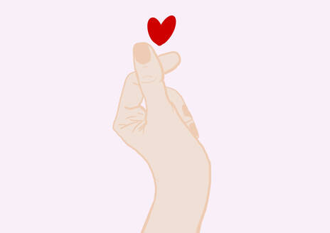 Hand of woman making heart shape with fingers against pink background - EGHF00883