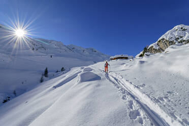 Frau beim Skilanglauf auf Schnee am Junsjoch, Tuxer Alpen, Tirol, Österreich - ANSF00844