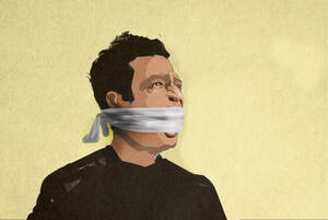 Man with mouth gagged by cloth against yellow background - GWAF00532