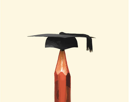 Mortarboard graduation hat on pencil against beige background - GWAF00533