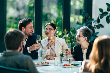 Businessmen and businesswomen making a corporate party after the business conference to celebrate the year goals and achievements. - DMDF11243