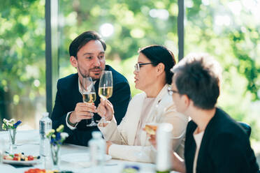 Businessmen and businesswomen making a corporate party after the business conference to celebrate the year goals and achievements. - DMDF11244