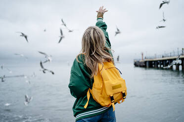 Woman with hand raised feeding seagulls flying near seashore - MDOF01945