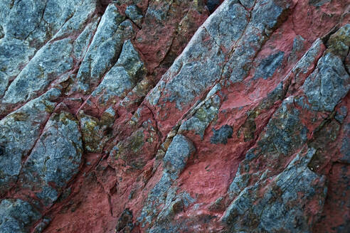 Vibrant red and gray textured rocks at Llumeres Beach in Asturias, showing iron-rich biofilm bacteria proliferating on the surface. - ADSF53595