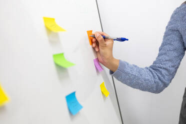 Person in a gray sweater organizing colorful sticky notes on a whiteboard. - ADSF53613