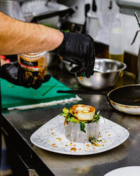 A chef in a commercial kitchen adds the finishing touches to a gourmet plate with green herbs and toppings - ADSF53721