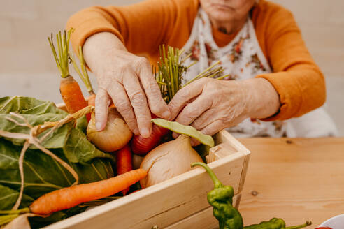 Elderly person organizing a variety of freshly harvested vegetables in a wooden box on a tabletop - ADSF53749