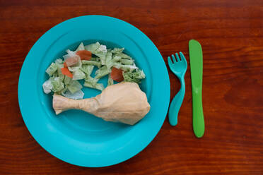 From above children's plate displays an assortment of plastic bags cut and arranged to resemble food, illustrating concerns about plastic waste and its impact on future generations. - ADSF53765