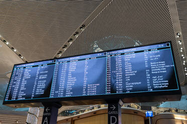 International departure flight board displaying times and gate information for travelers in an airport. - ADSF53788