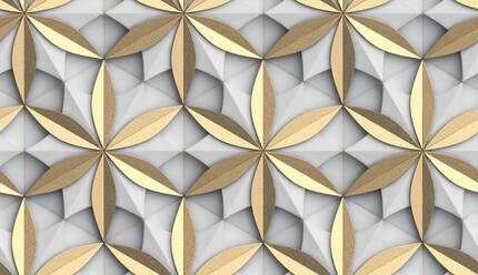 3D Wallpaper in the form of geometric panels of white old metal with golden decorative elements with flower of life with realistic seamless texture of high quality - ADSF53801