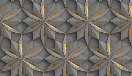 3D Wallpaper in the form of geometric panels of gray with golden decorative scuffs with flower of life with realistic seamless texture of high quality - ADSF53803