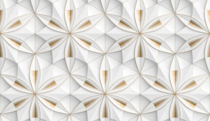 3D Wallpaper in the form of geometric panels of white with golden decorative scuffs with flower of life with realistic seamless texture of high quality - ADSF53804