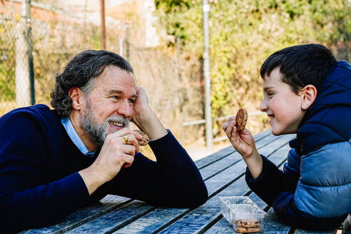 A heartwarming moment as a smiling elderly man and a young boy share cookies while sitting at a wooden picnic table in a park setting, enjoying each other's company - ADSF53812