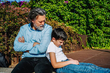 An elderly man and a young boy sit together on a bench, surrounded by lush greenery, enjoying a sunny day in what appears to be a moment of reflection or conversation - ADSF53814