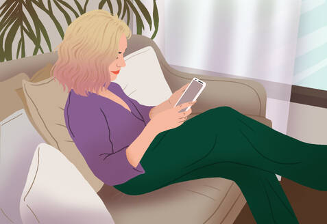 Illustration of a woman sits comfortably on a couch, engrossed in her smartphone. - ADSF53904