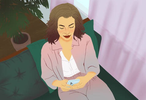 Illustration of a woman lounging on a sofa in a cozy home setting, deeply engrossed in her smartphone. - ADSF53905