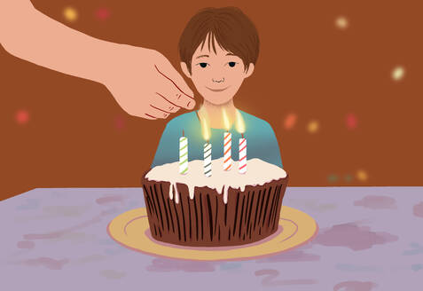 Illustration of smiling young boy observes lit candles on a birthday cake, capturing a moment of joy and celebration. - ADSF53907