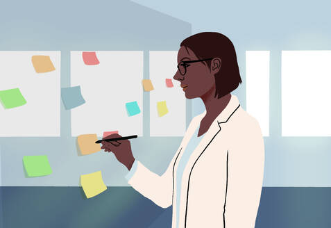 An illustration of professional woman standing by a window with sticky notes, planning in a modern office setting. - ADSF53909