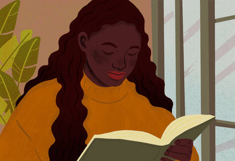 An illustrated of black woman in a cozy setting is absorbed in reading a book, radiating a sense of peace and contentment. - ADSF53911