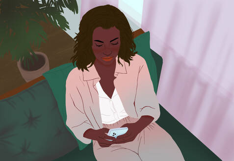 An illustrated woman enjoys a peaceful moment on the couch at home, checking her smartphone with a subtle smile. - ADSF53912