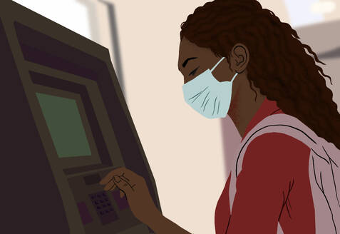 An illustrated woman wearing a mask operates an ATM machine with care during a pandemic. - ADSF53913